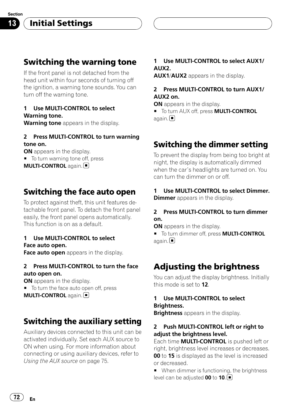 Switching the warning tone, Switching the face auto open, Switching the auxiliary setting | Switching the dimmer setting, Adjusting the brightness, Initial settings | Pioneer DEH-P88RS-II User Manual | Page 72 / 180