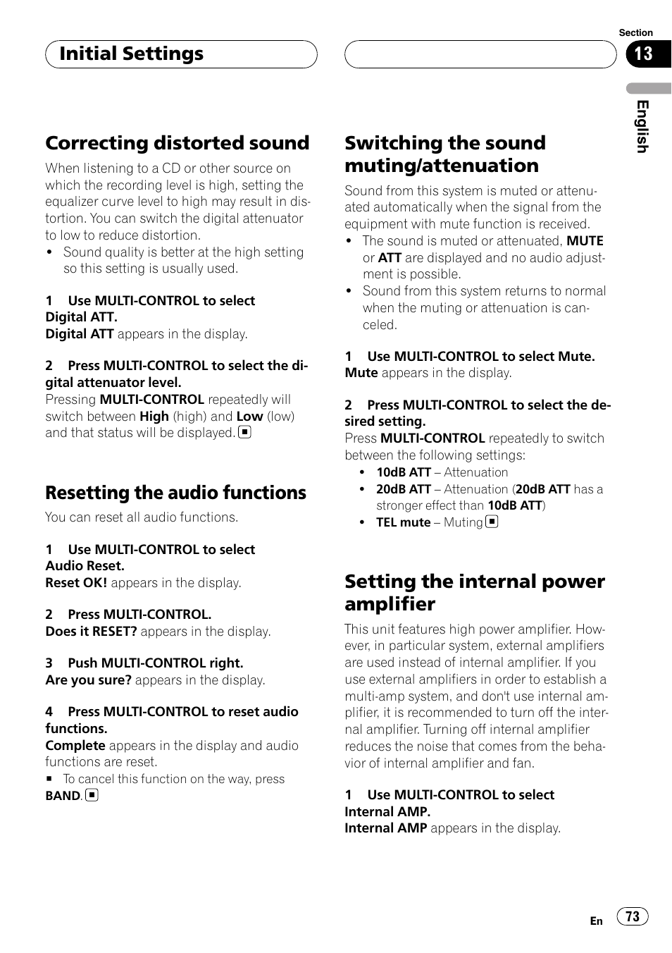 Correcting distorted sound, Resetting the audio functions, Switching the sound muting/attenuation | Setting the internal power amplifier, Initial settings | Pioneer DEH-P88RS-II User Manual | Page 73 / 180