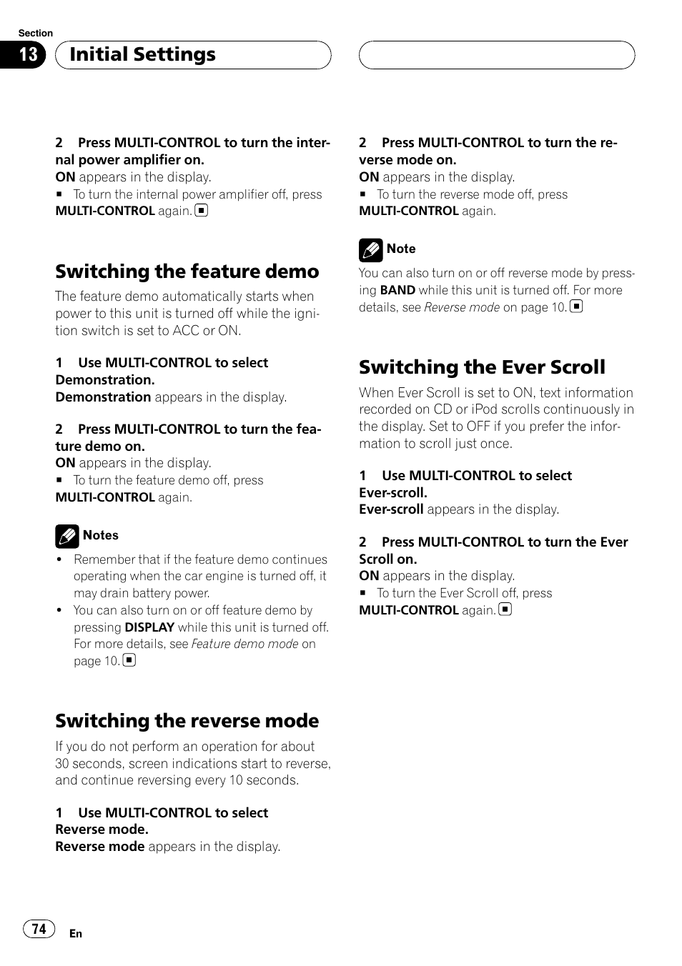 Switching the feature demo, Switching the reverse mode, Switching the ever scroll | Initial settings | Pioneer DEH-P88RS-II User Manual | Page 74 / 180