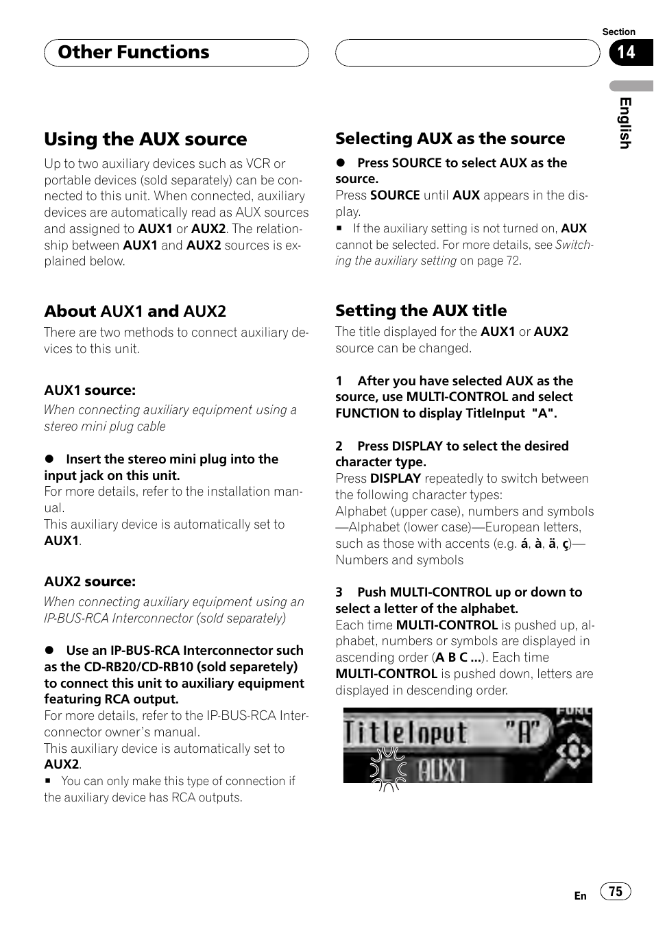 Other functions using the aux source, About aux1 and aux2 75, Selecting aux as the source 75 | Setting the aux title 75, Using the aux source, Other functions | Pioneer DEH-P88RS-II User Manual | Page 75 / 180