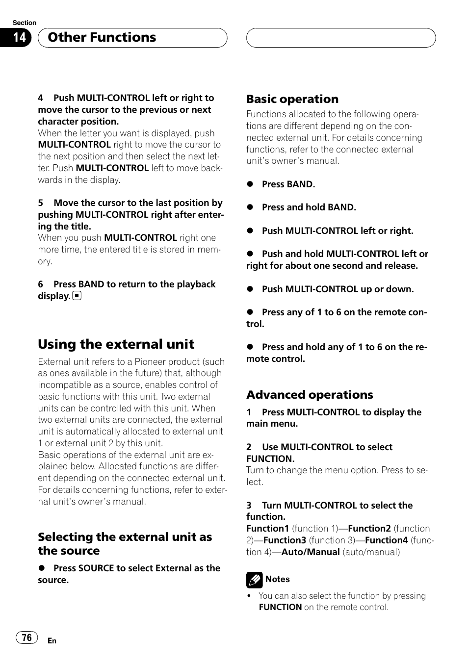 Using the external unit, Selecting the external unit as the, Source | Basic operation 76, Advanced operations 76, Other functions, Selecting the external unit as the source, Basic operation, Advanced operations | Pioneer DEH-P88RS-II User Manual | Page 76 / 180