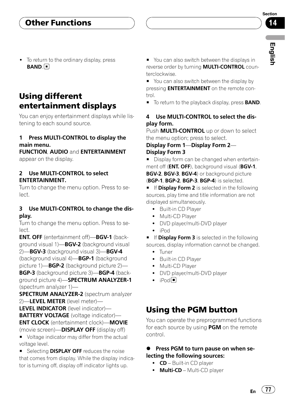 Using different entertainment displays, Using the pgm button, Other functions | Pioneer DEH-P88RS-II User Manual | Page 77 / 180
