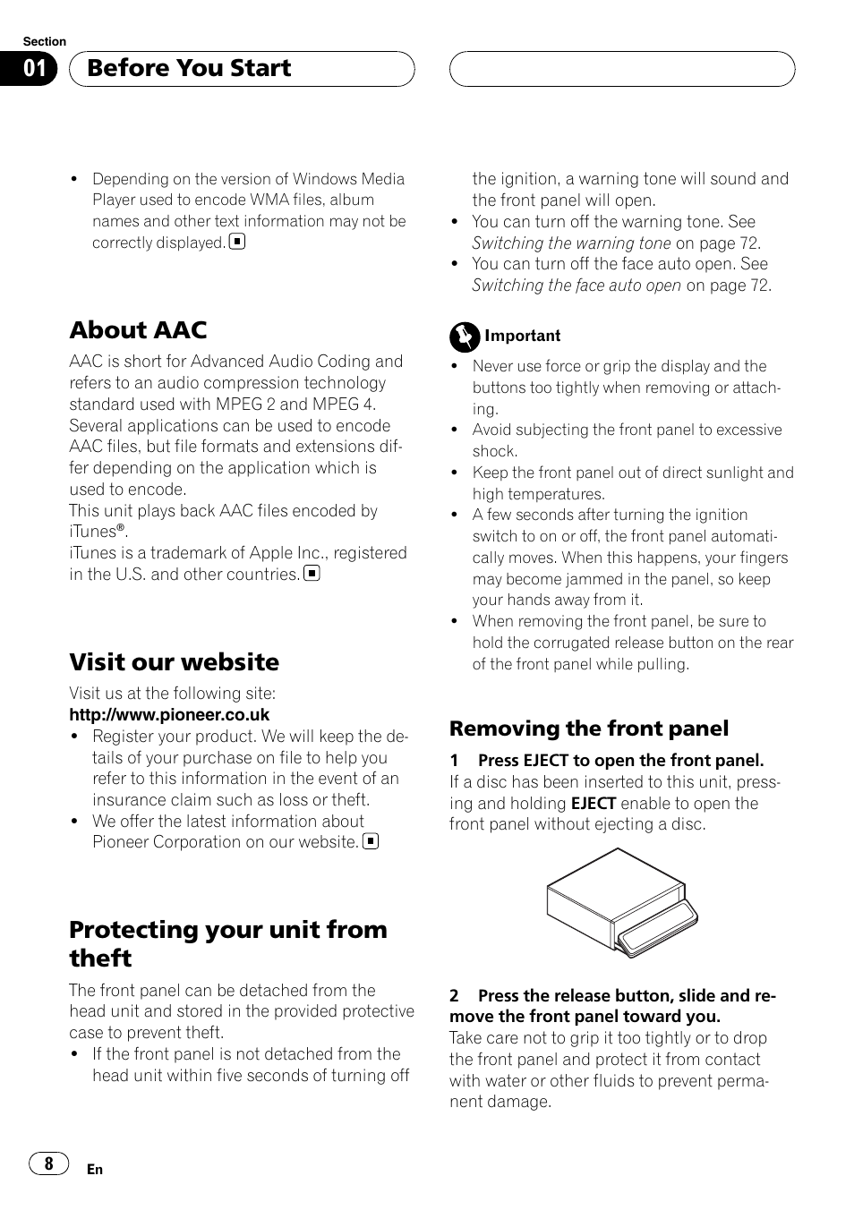 About aac, Visit our website, Protecting your unit from theft | Removing the front panel 8, Before you start, Removing the front panel | Pioneer DEH-P88RS-II User Manual | Page 8 / 180