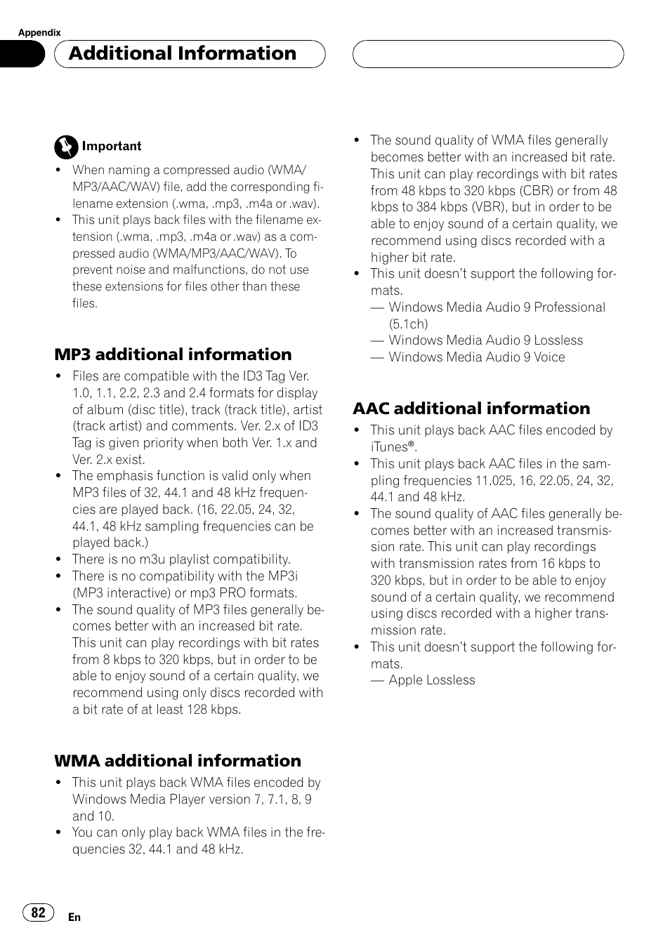 Mp3 additional information 82, Wma additional information 82, Aac additional information 82 | Additional information, Mp3 additional information, Wma additional information, Aac additional information | Pioneer DEH-P88RS-II User Manual | Page 82 / 180