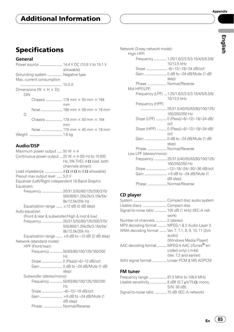 Specifications, Additional information, English | General, Audio/dsp, Cd player, Fm tuner | Pioneer DEH-P88RS-II User Manual | Page 85 / 180