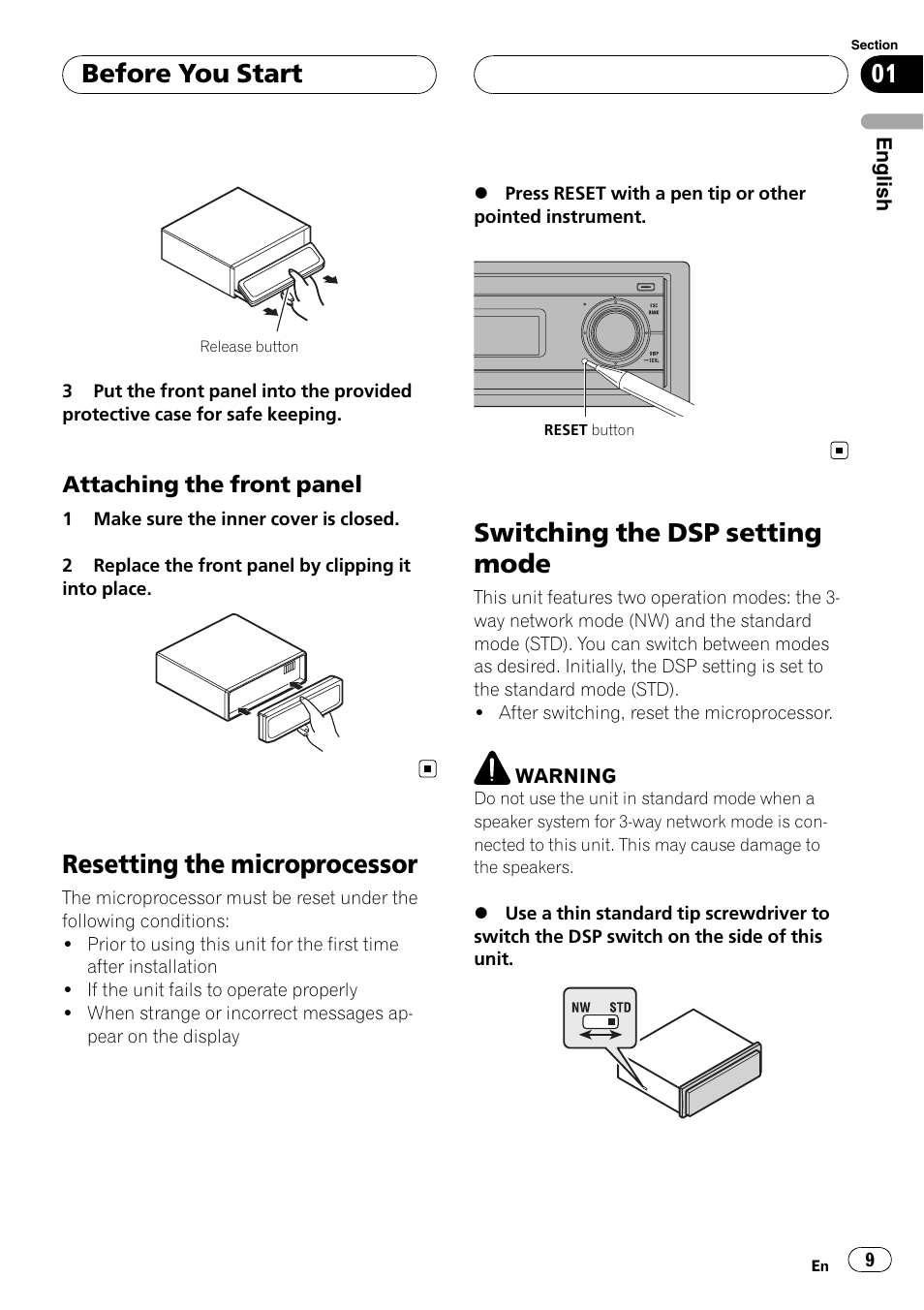 Attaching the front panel 9, Resetting the microprocessor, Switching the dsp setting mode | Before you start | Pioneer DEH-P88RS-II User Manual | Page 9 / 180