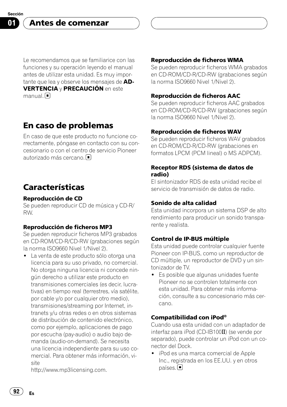 En caso de problemas, Características, Antes de comenzar | Pioneer DEH-P88RS-II User Manual | Page 92 / 180