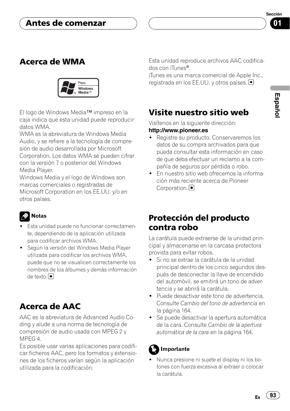 Acerca de wma, Acerca de aac, Visite nuestro sitio web | Protección del producto contra robo, Antes de comenzar | Pioneer DEH-P88RS-II User Manual | Page 93 / 180