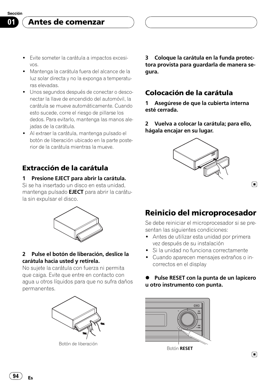 Extracción de la carátula 94, Colocación de la carátula 94, Reinicio del microprocesador | Antes de comenzar, Extracción de la carátula, Colocación de la carátula | Pioneer DEH-P88RS-II User Manual | Page 94 / 180