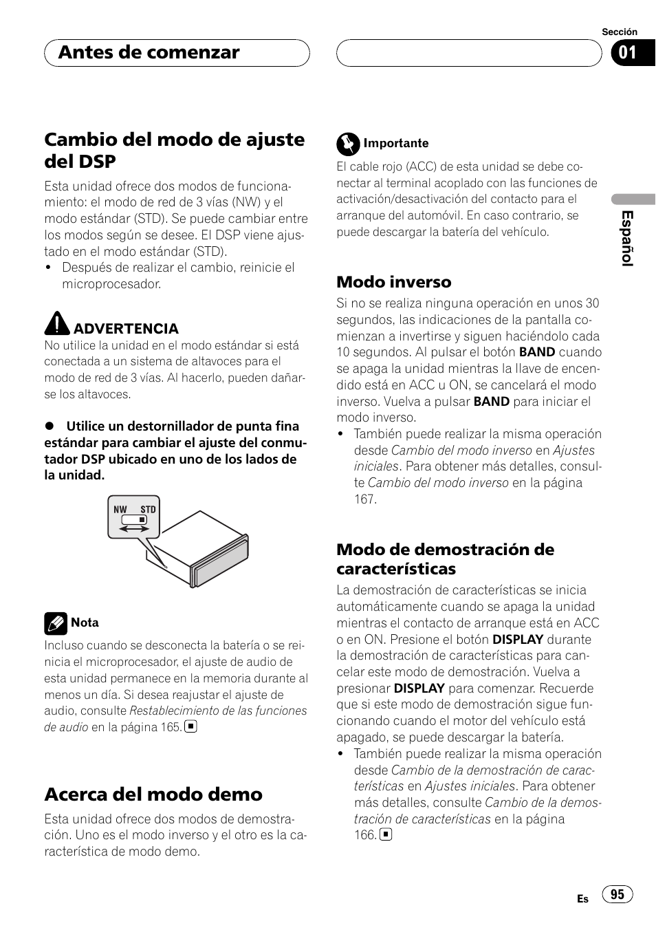 Cambio del modo de ajuste del dsp, Acerca del modo demo, Modo inverso 95 | Modo de demostración de, Características, Antes de comenzar | Pioneer DEH-P88RS-II User Manual | Page 95 / 180