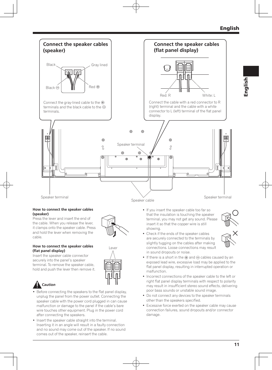 English, Connect the speaker cables (flat panel display), Connect the speaker cables (speaker) | Pioneer KRP-S04 User Manual | Page 11 / 56