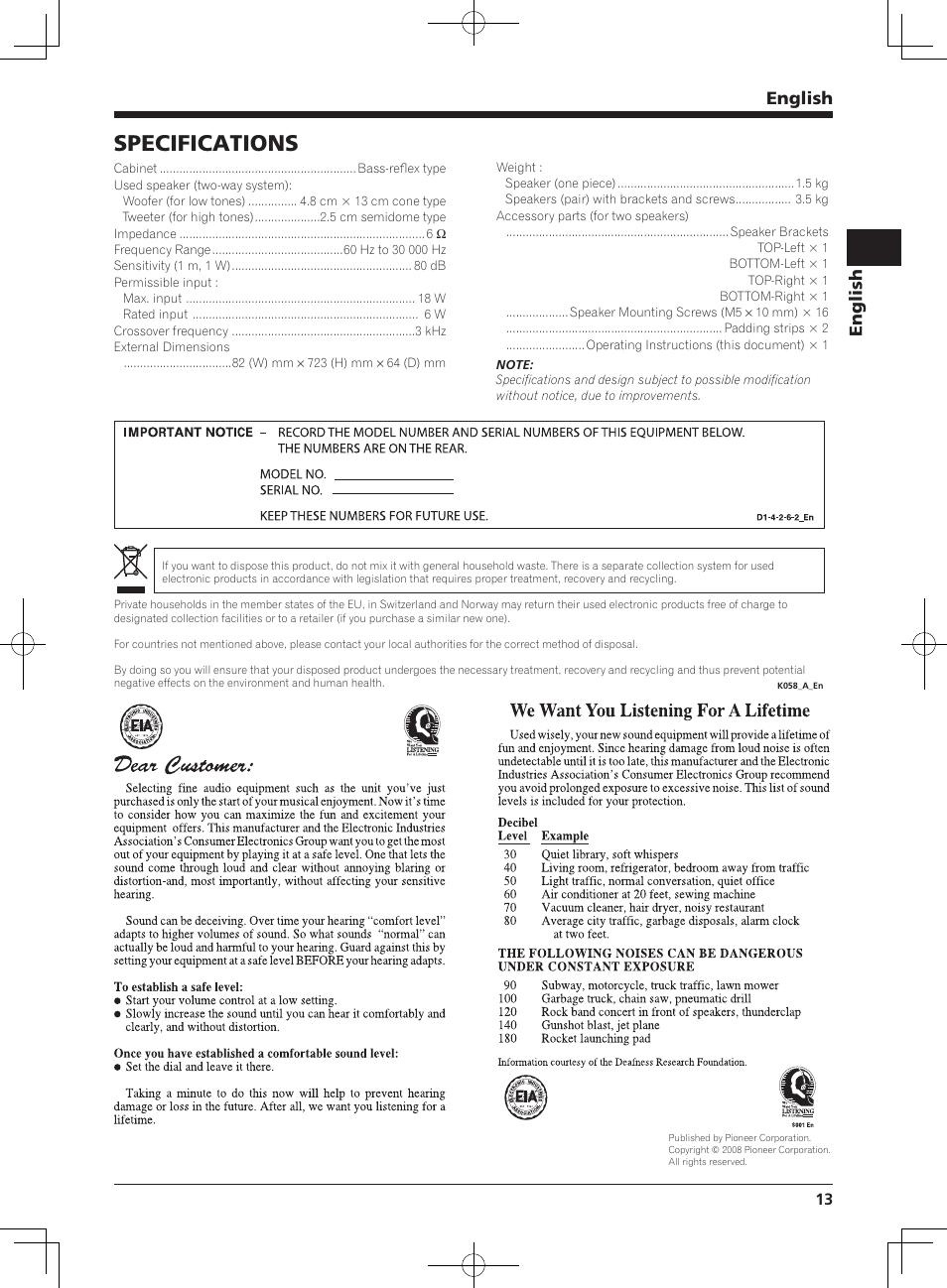 Specifications, English | Pioneer KRP-S04 User Manual | Page 13 / 56