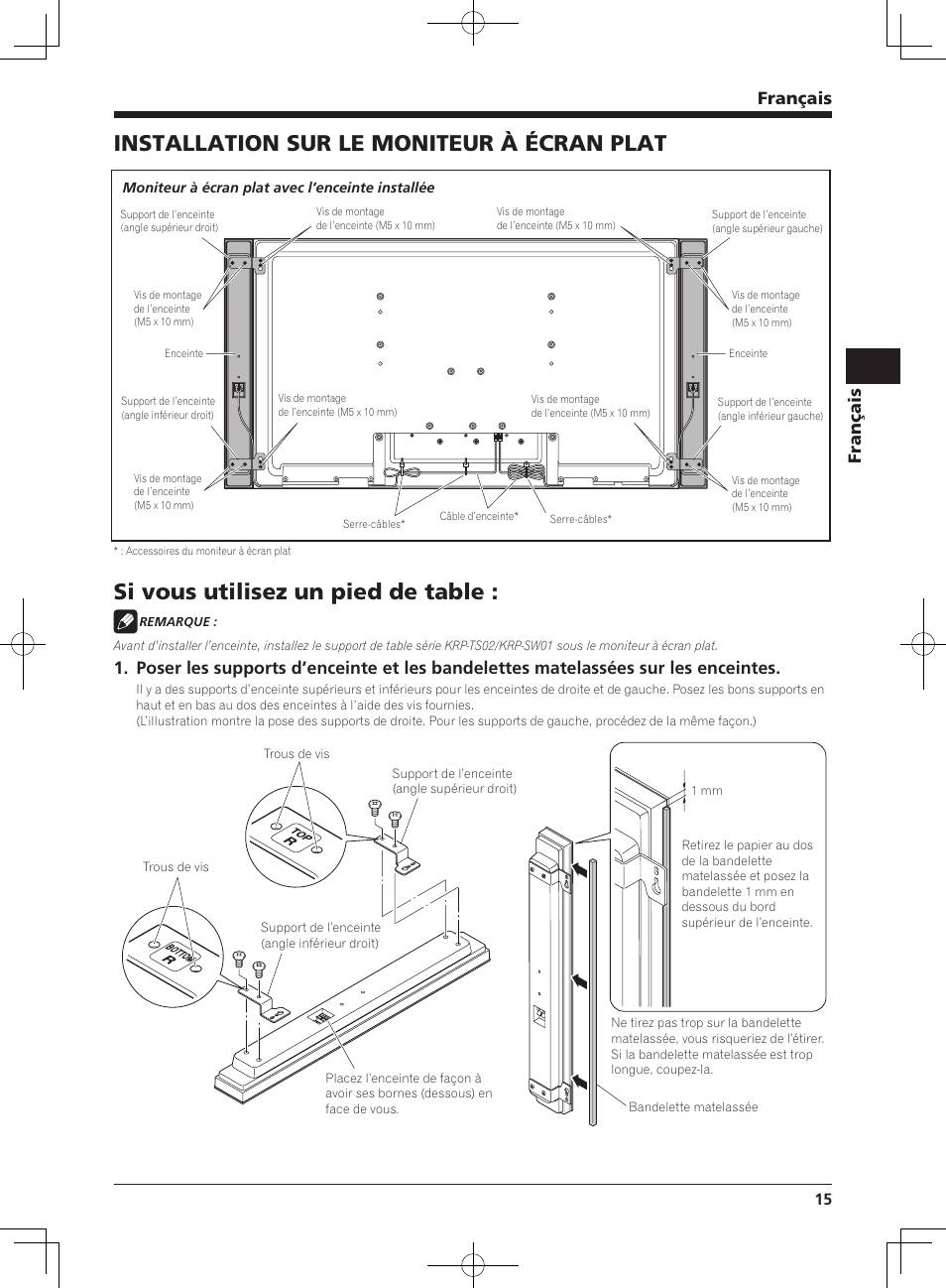 Installation sur le moniteur à écran plat, Si vous utilisez un pied de table, Français | Pioneer KRP-S04 User Manual | Page 15 / 56