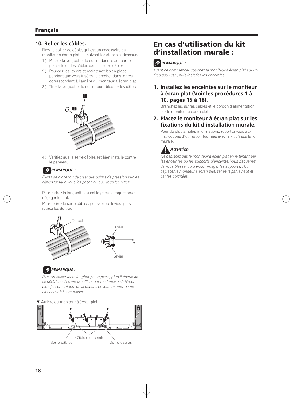 En cas d’utilisation du kit d’installation murale, Français, Relier les câbles | Pioneer KRP-S04 User Manual | Page 18 / 56