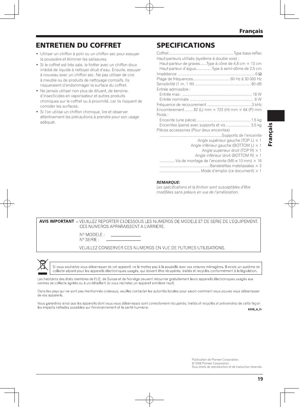 Specifications, Entretien du coffret, Français | Pioneer KRP-S04 User Manual | Page 19 / 56