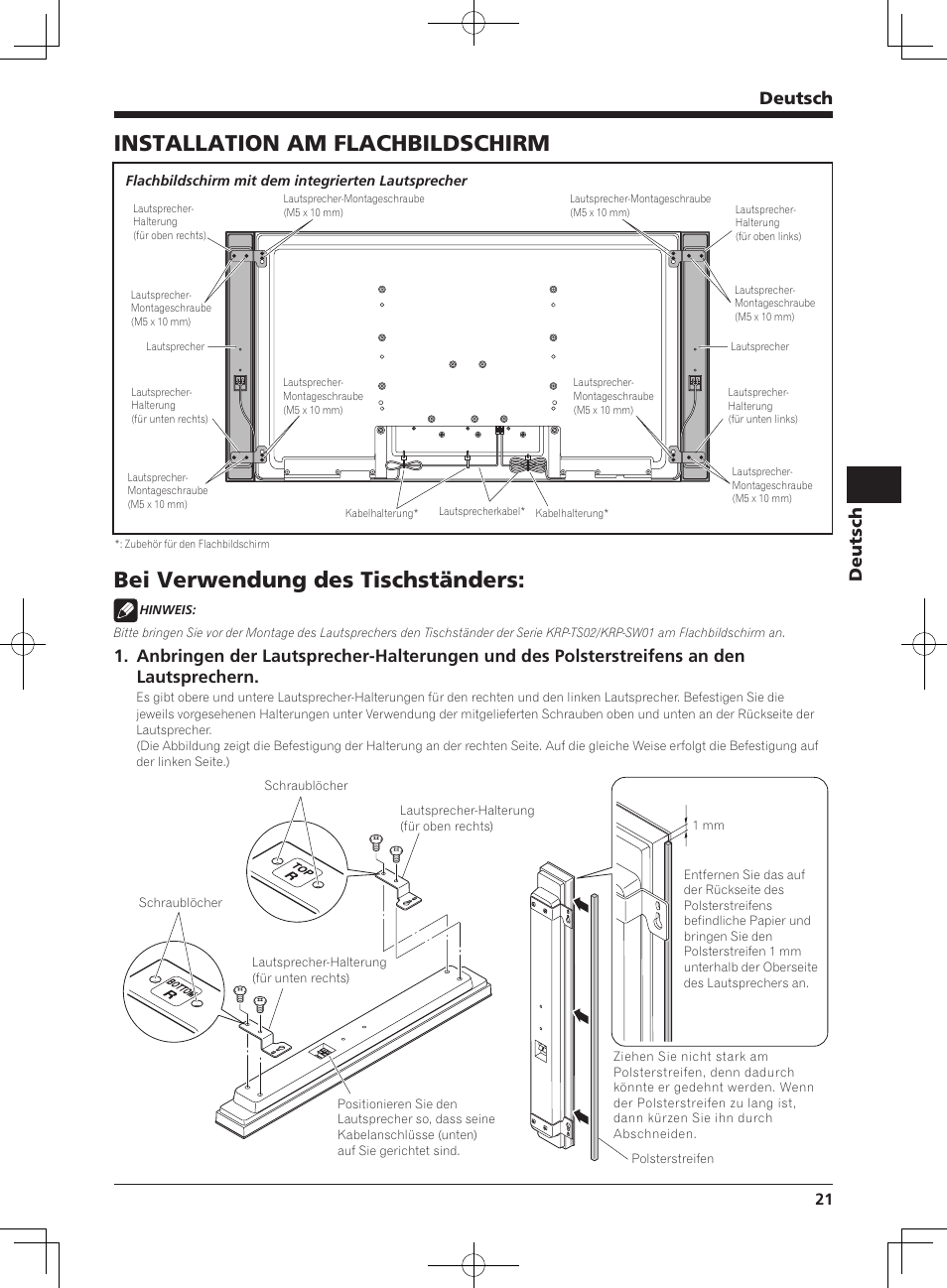 Installation am flachbildschirm, Bei verwendung des tischständers, Deutsch | Pioneer KRP-S04 User Manual | Page 21 / 56
