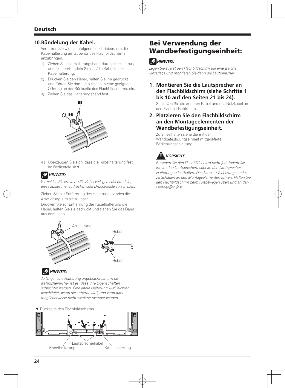 Bei verwendung der wandbefestigungseinheit, Deutsch, Bündelung der kabel | Pioneer KRP-S04 User Manual | Page 24 / 56