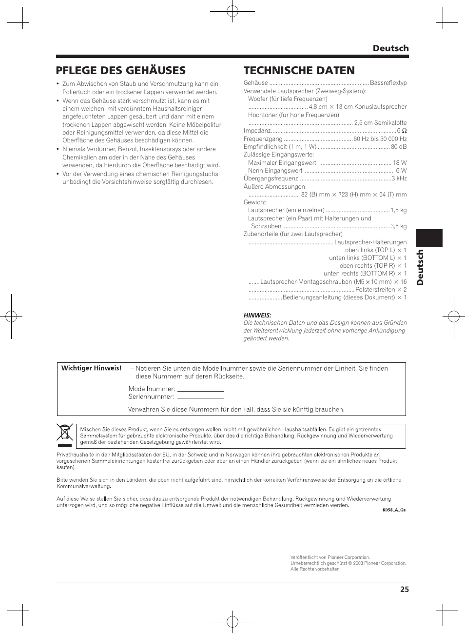 Technische daten, Pflege des gehäuses, Deutsch | Pioneer KRP-S04 User Manual | Page 25 / 56