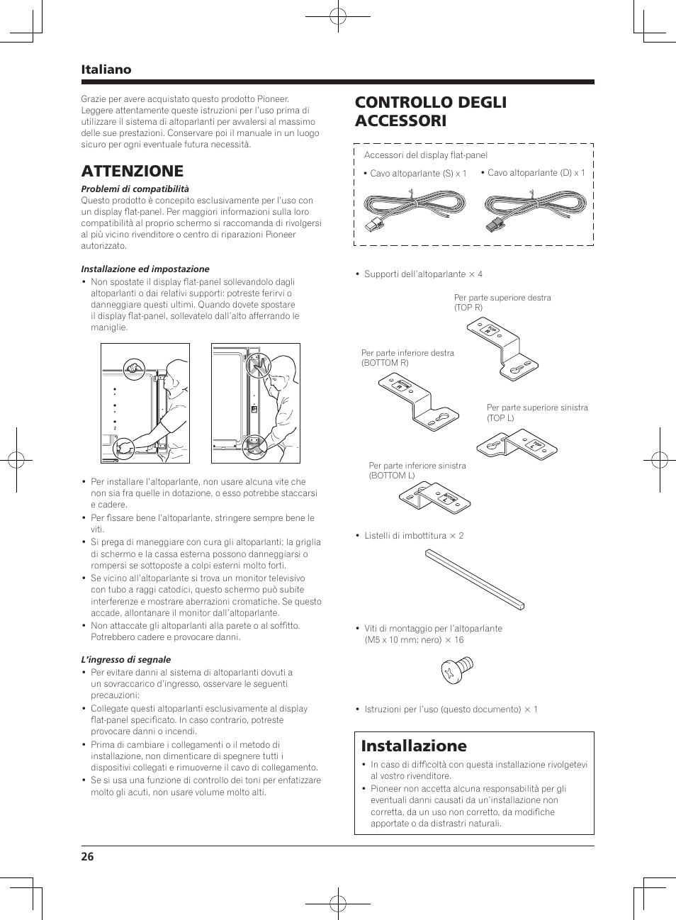 Attenzione, Controllo degli accessori, Installazione | Italiano | Pioneer KRP-S04 User Manual | Page 26 / 56