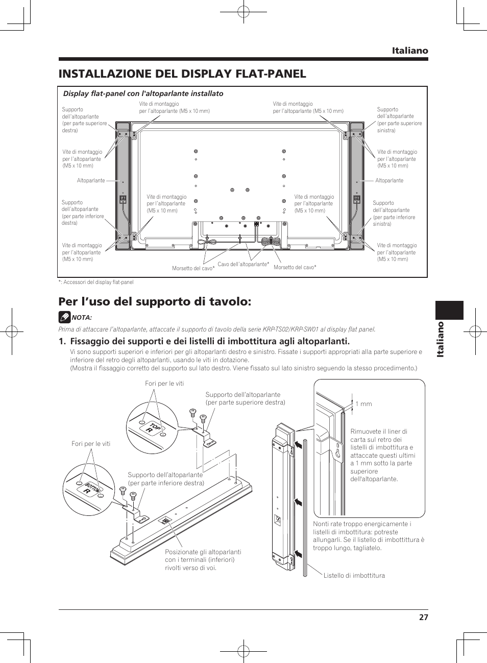 Installazione del display flat-panel, Per l’uso del supporto di tavolo, Italiano | Pioneer KRP-S04 User Manual | Page 27 / 56