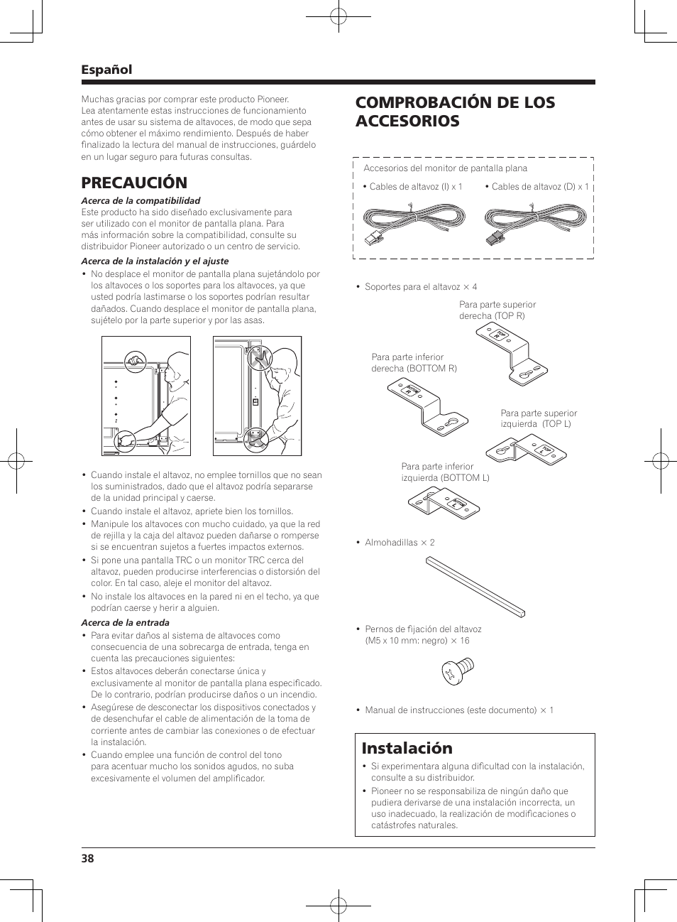 Precaución, Comprobación de los accesorios, Instalación | Español | Pioneer KRP-S04 User Manual | Page 38 / 56