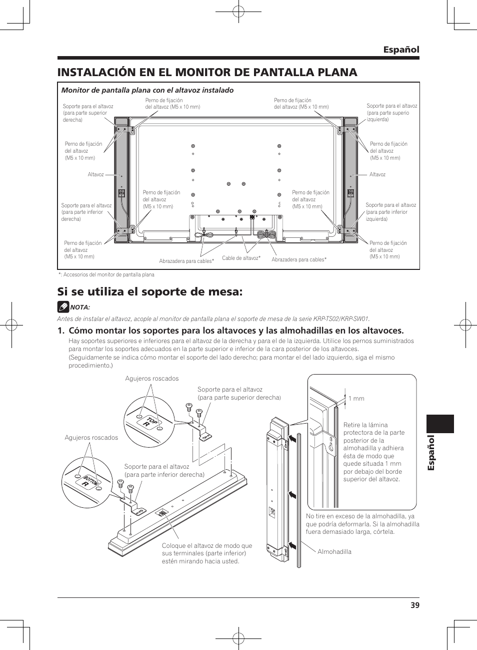 Instalación en el monitor de pantalla plana, Si se utiliza el soporte de mesa, Español | Pioneer KRP-S04 User Manual | Page 39 / 56