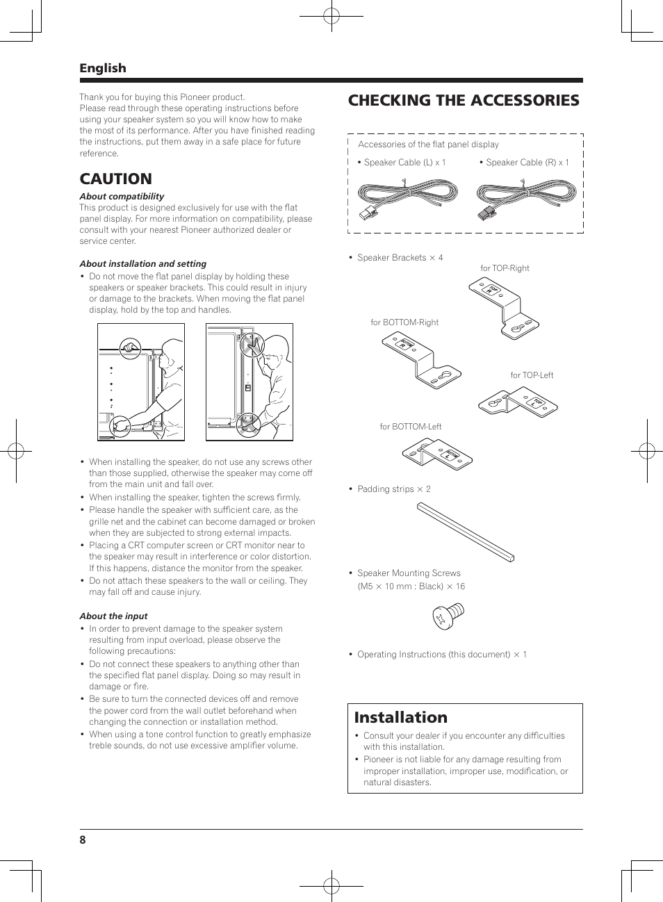 Caution, Checking the accessories, Installation | English | Pioneer KRP-S04 User Manual | Page 8 / 56