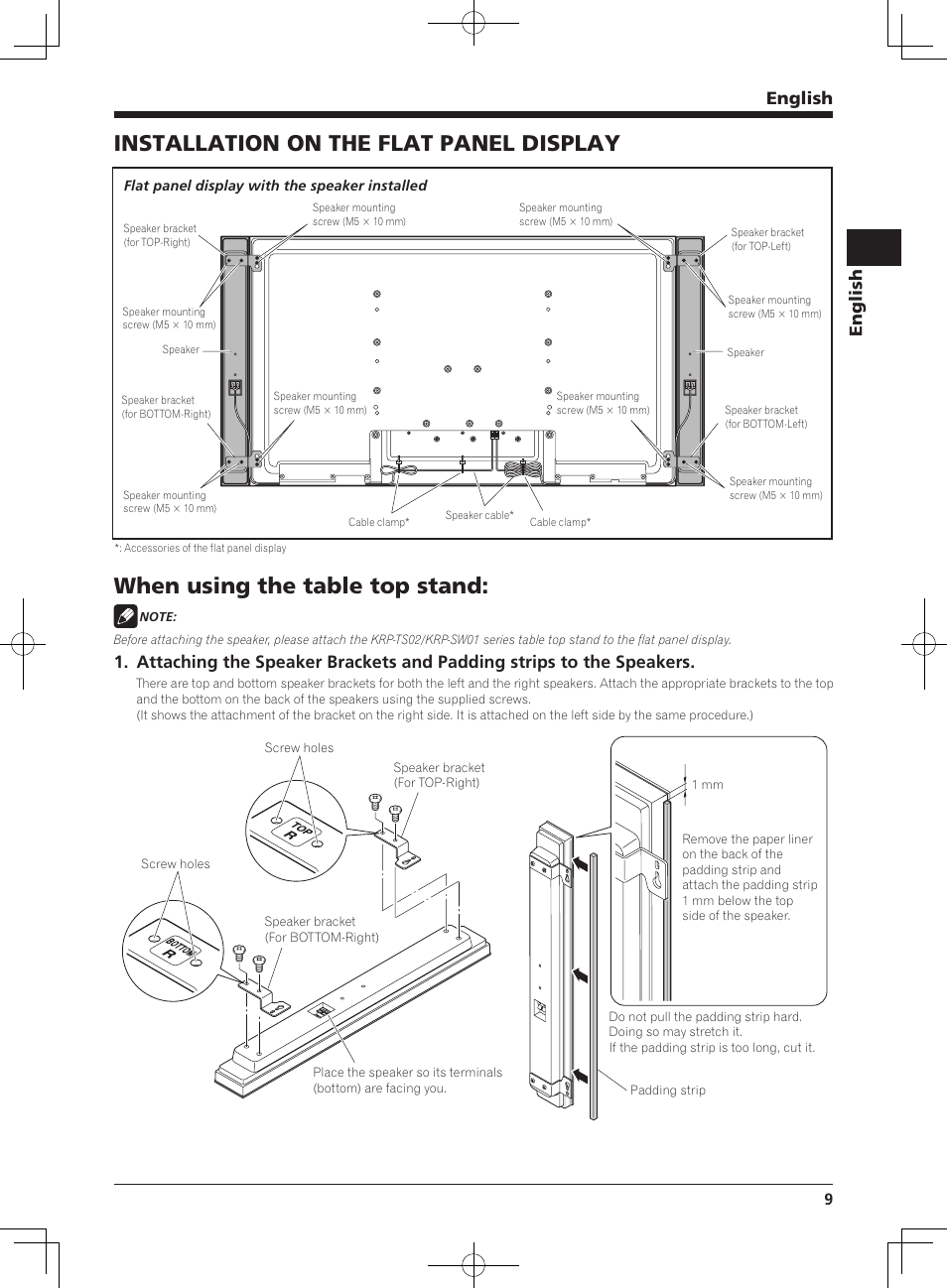 Installation on the flat panel display, When using the table top stand, English | Pioneer KRP-S04 User Manual | Page 9 / 56