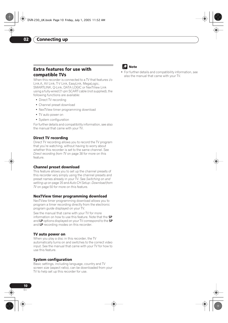 Extra features for use with compatible tvs, Connecting up 02 | Pioneer DVR-230-S User Manual | Page 10 / 76