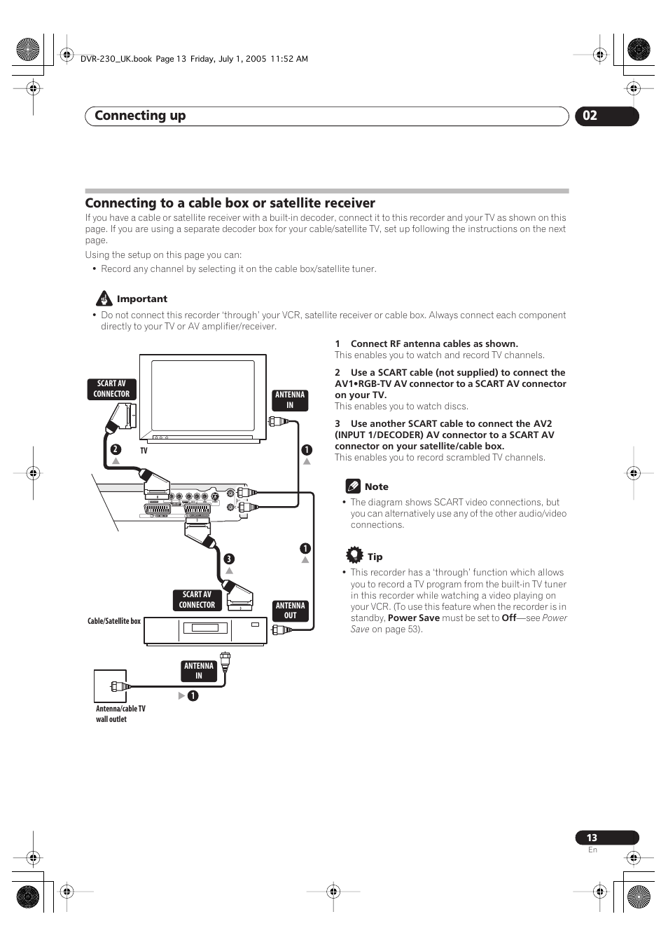 Connecting to a cable box or satellite receiver, Connecting up 02 | Pioneer DVR-230-S User Manual | Page 13 / 76