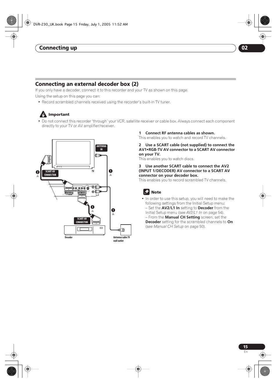 Connecting an external decoder box (2), Connecting up 02 | Pioneer DVR-230-S User Manual | Page 15 / 76