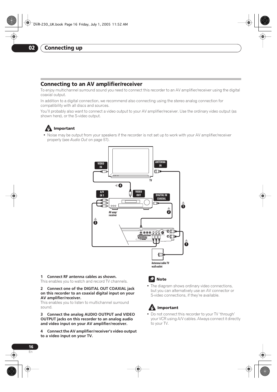 Connecting to an av amplifier/receiver, Connecting up 02 | Pioneer DVR-230-S User Manual | Page 16 / 76