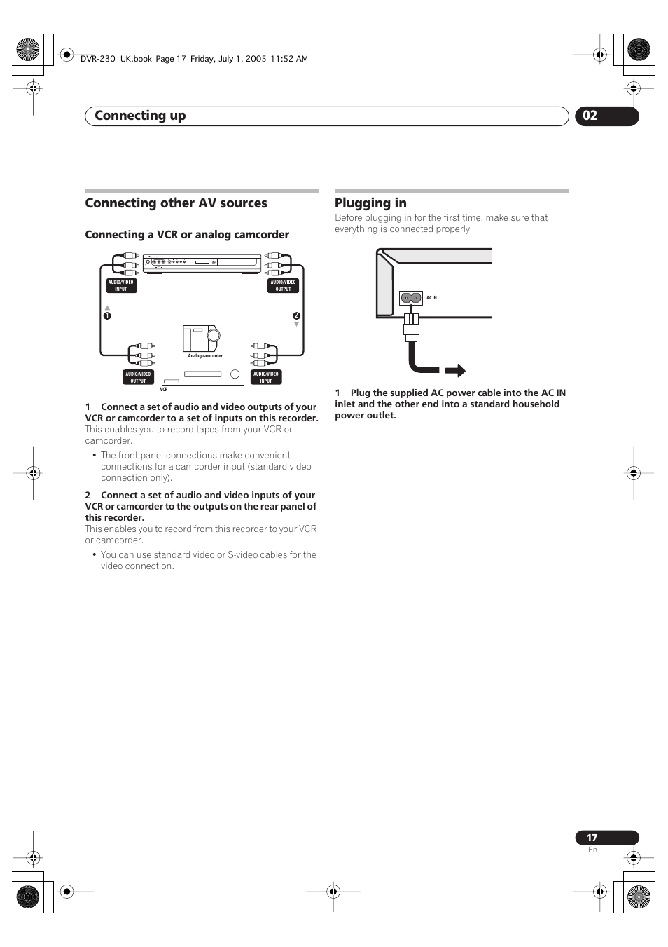 Connecting other av sources, Plugging in, Connecting up 02 | Connecting a vcr or analog camcorder | Pioneer DVR-230-S User Manual | Page 17 / 76