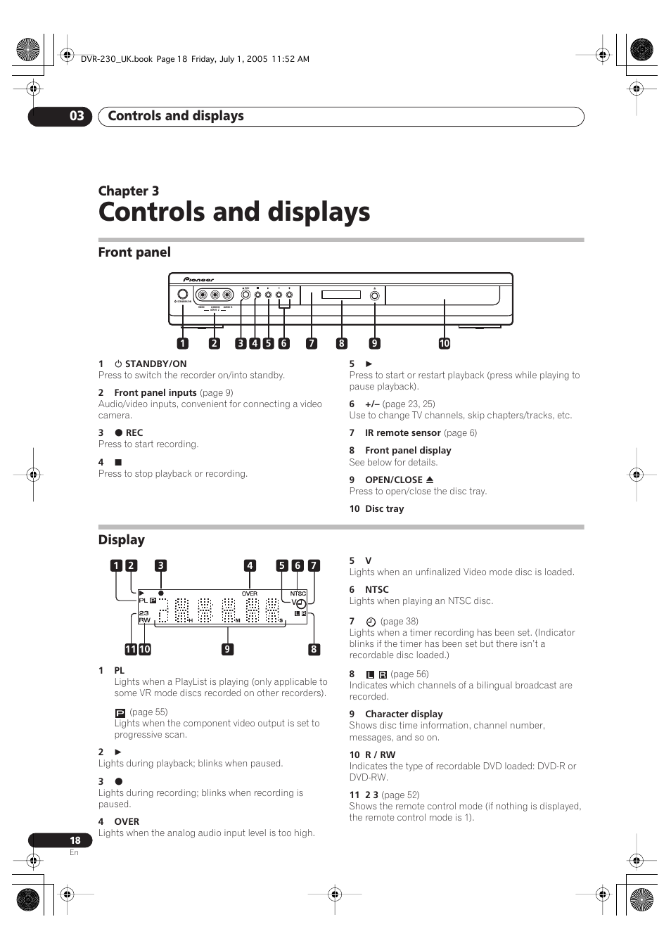 03 controls and displays, Front panel, Display | Controls and displays, Controls and displays 03, Chapter 3 | Pioneer DVR-230-S User Manual | Page 18 / 76