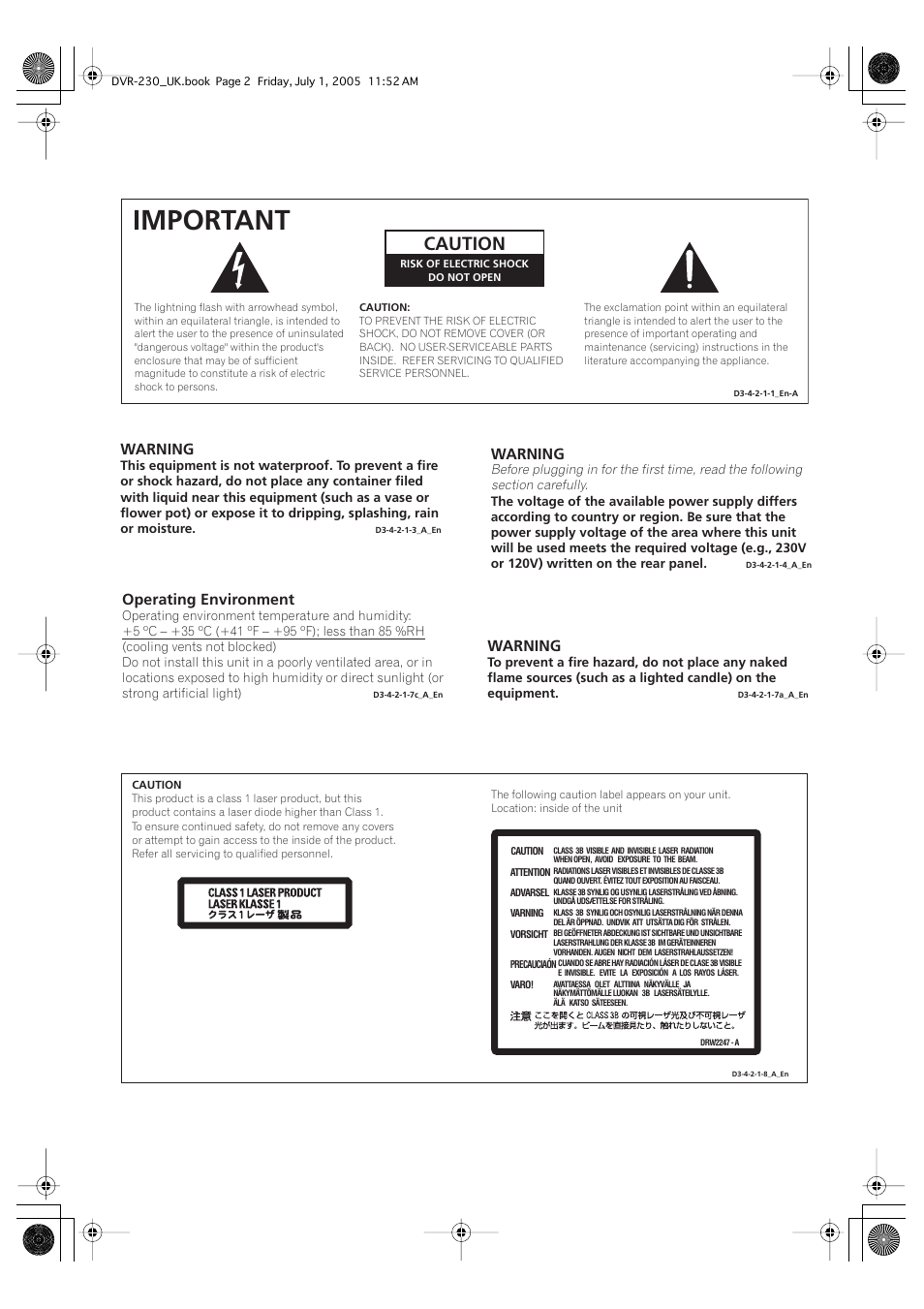 Important, Caution, Warning | Operating environment | Pioneer DVR-230-S User Manual | Page 2 / 76