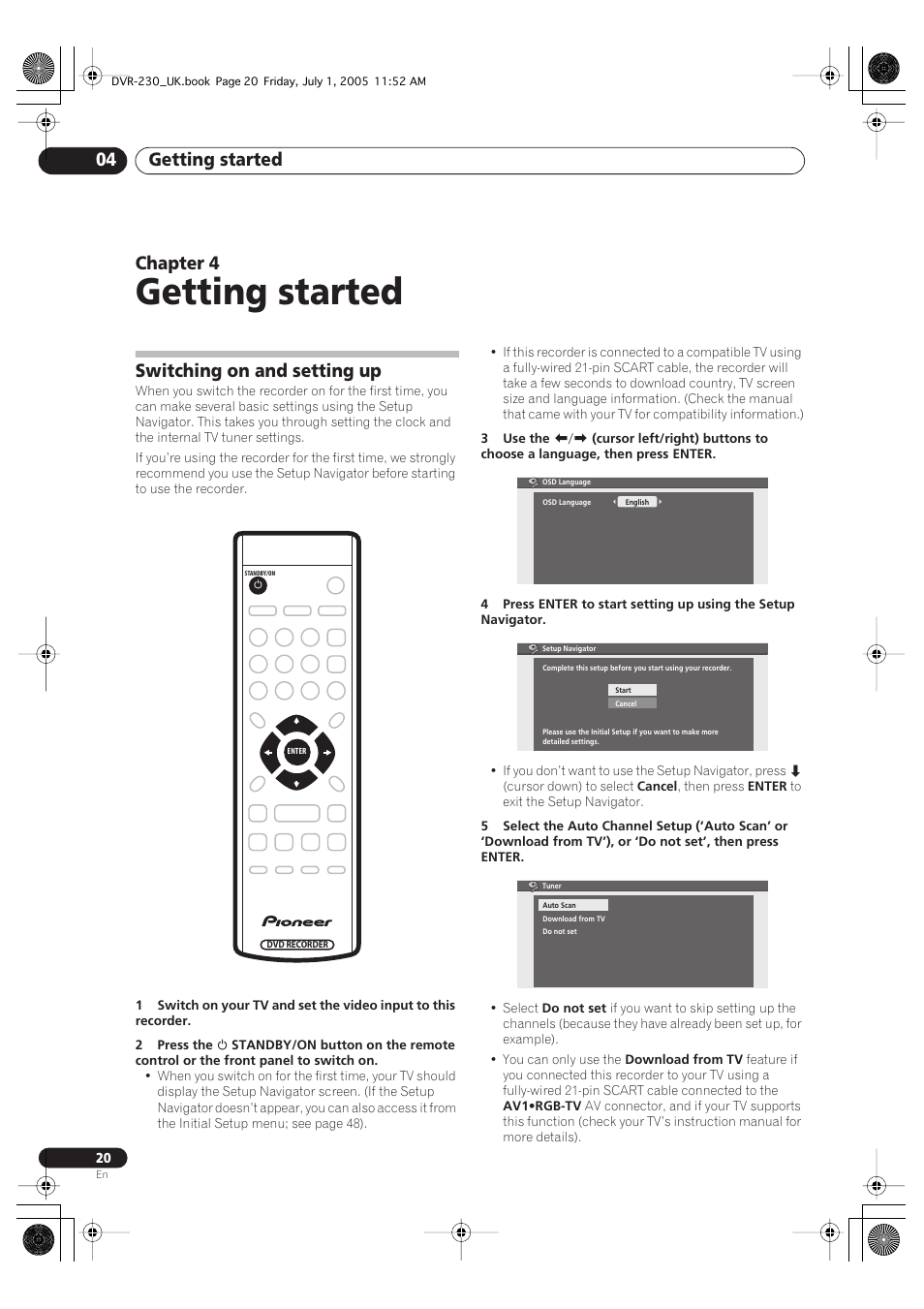 04 getting started, Switching on and setting up, Getting started | Getting started 04, Chapter 4 | Pioneer DVR-230-S User Manual | Page 20 / 76