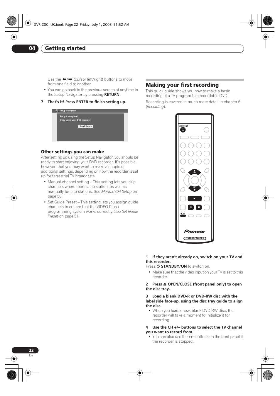 Making your first recording, Getting started 04 | Pioneer DVR-230-S User Manual | Page 22 / 76