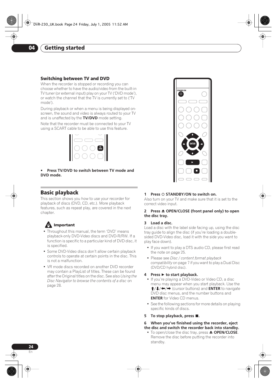 Basic playback, Getting started 04 | Pioneer DVR-230-S User Manual | Page 24 / 76