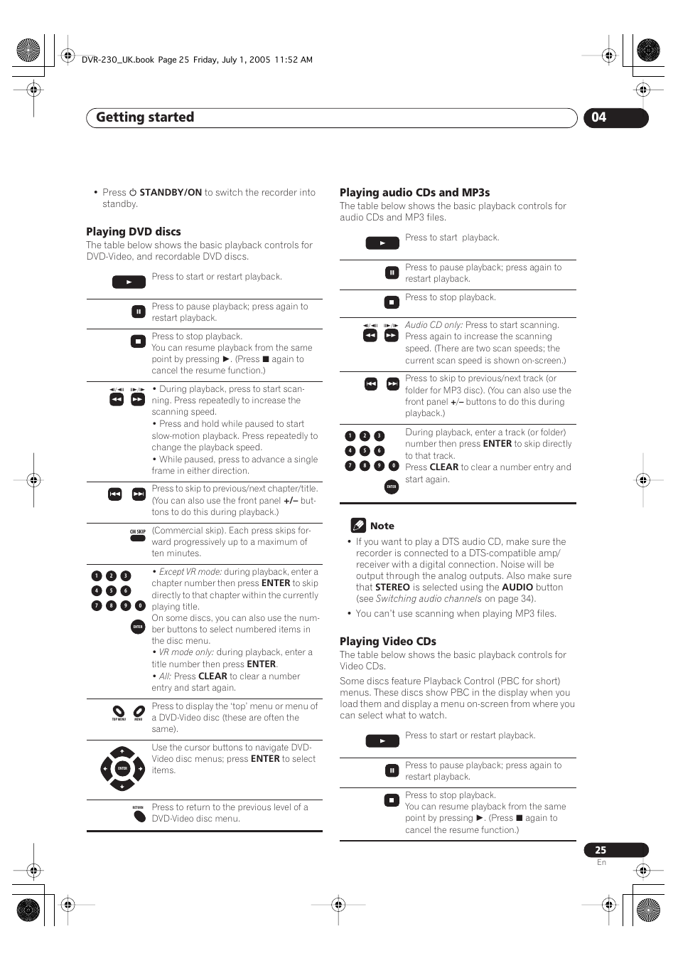 Getting started 04, Playing dvd discs, Playing audio cds and mp3s | Playing video cds | Pioneer DVR-230-S User Manual | Page 25 / 76