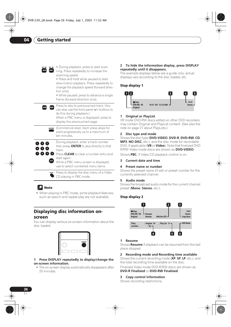 Displaying disc information on-screen, Getting started 04, Displaying disc information on- screen | Pioneer DVR-230-S User Manual | Page 26 / 76