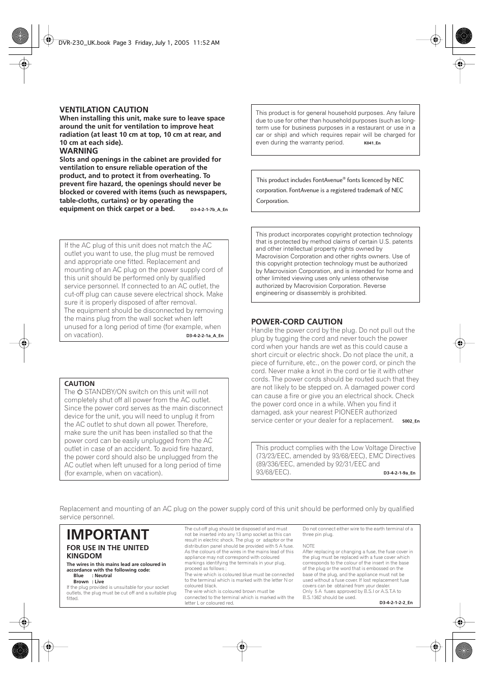 Important, Ventilation caution, Warning | Power-cord caution | Pioneer DVR-230-S User Manual | Page 3 / 76