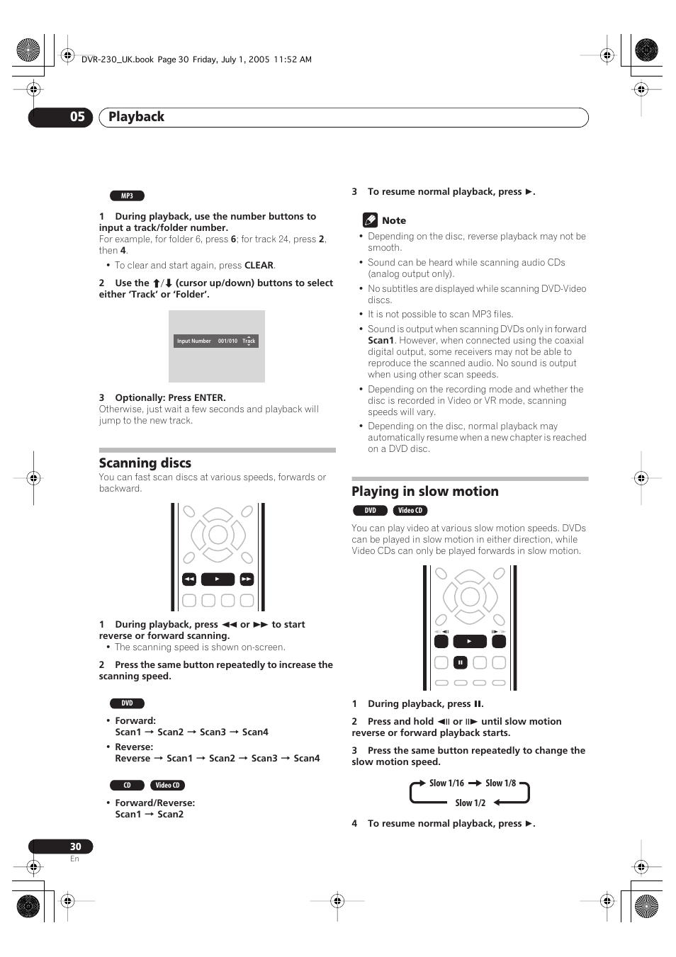 Scanning discs, Playing in slow motion, Playback 05 | Pioneer DVR-230-S User Manual | Page 30 / 76