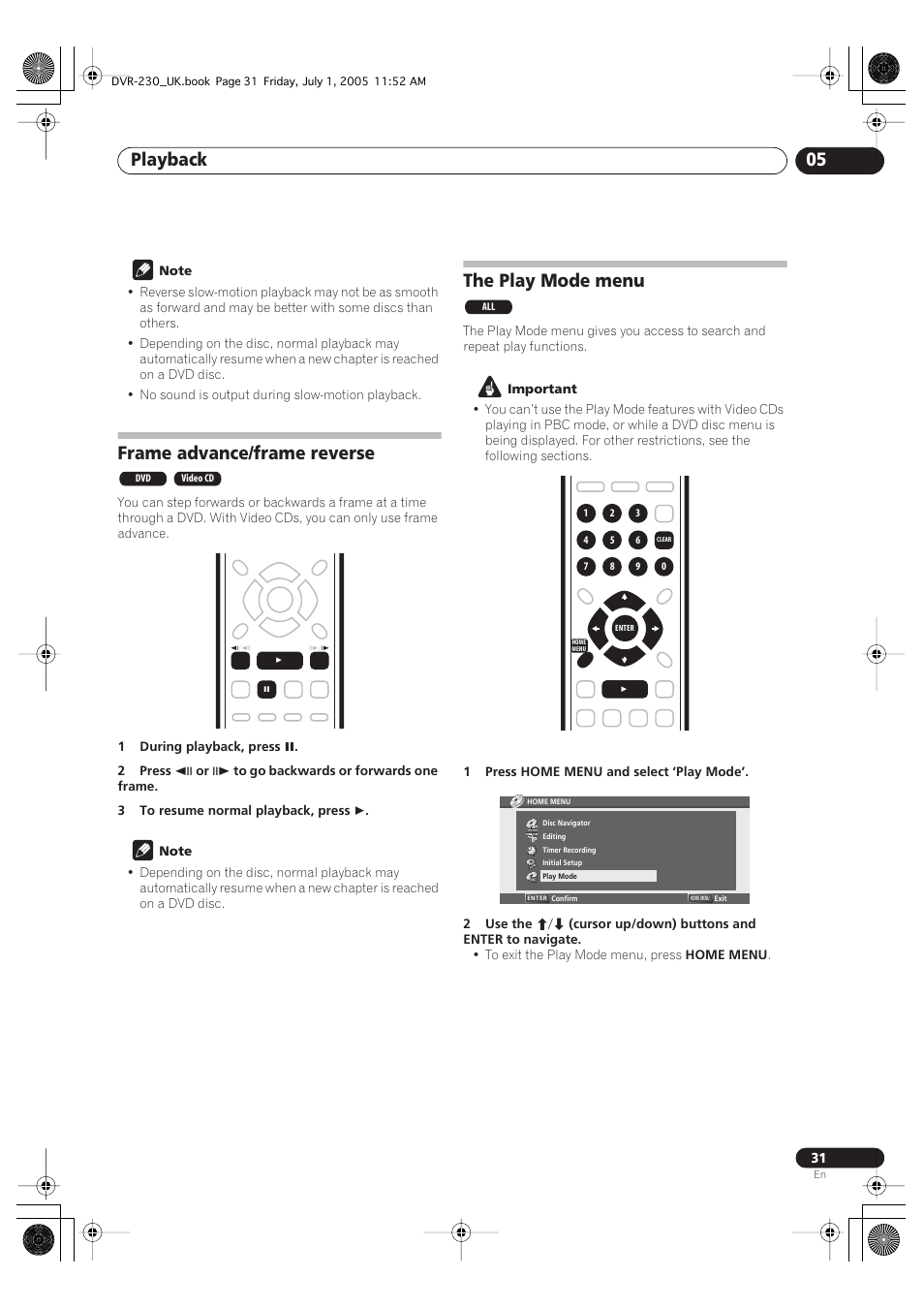 Frame advance/frame reverse, The play mode menu, Playback 05 | Pioneer DVR-230-S User Manual | Page 31 / 76