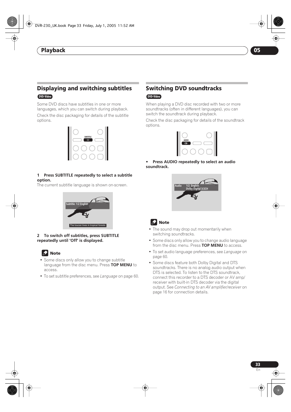 Displaying and switching subtitles, Switching dvd soundtracks, Playback 05 | Pioneer DVR-230-S User Manual | Page 33 / 76
