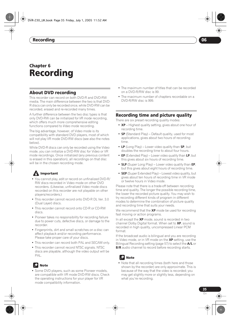 06 recording, About dvd recording, Recording time and picture quality | Recording, Recording 06, Chapter 6 | Pioneer DVR-230-S User Manual | Page 35 / 76