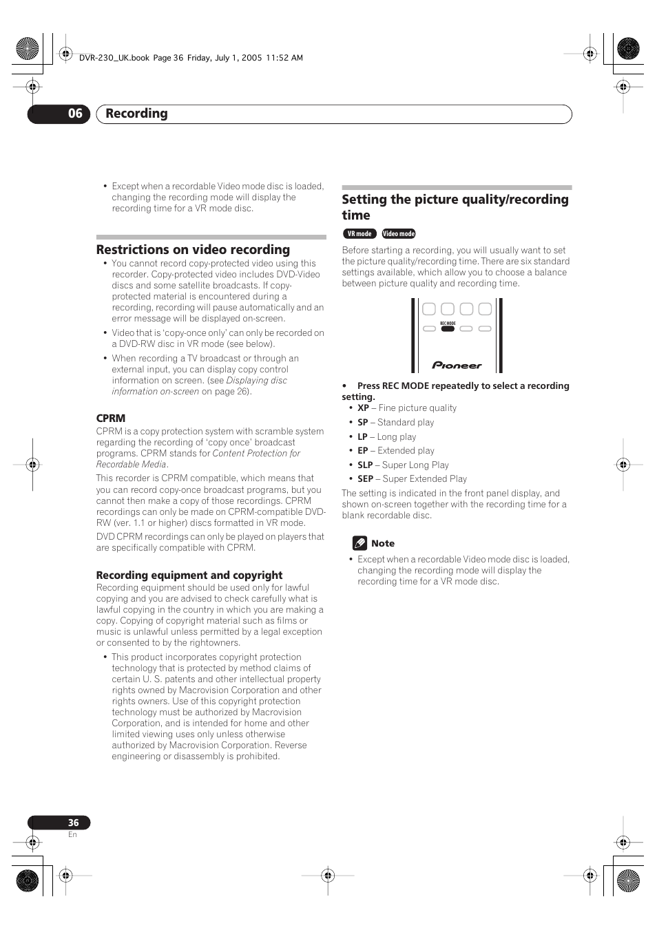 Restrictions on video recording, Setting the picture quality/recording time, Recording 06 | Pioneer DVR-230-S User Manual | Page 36 / 76