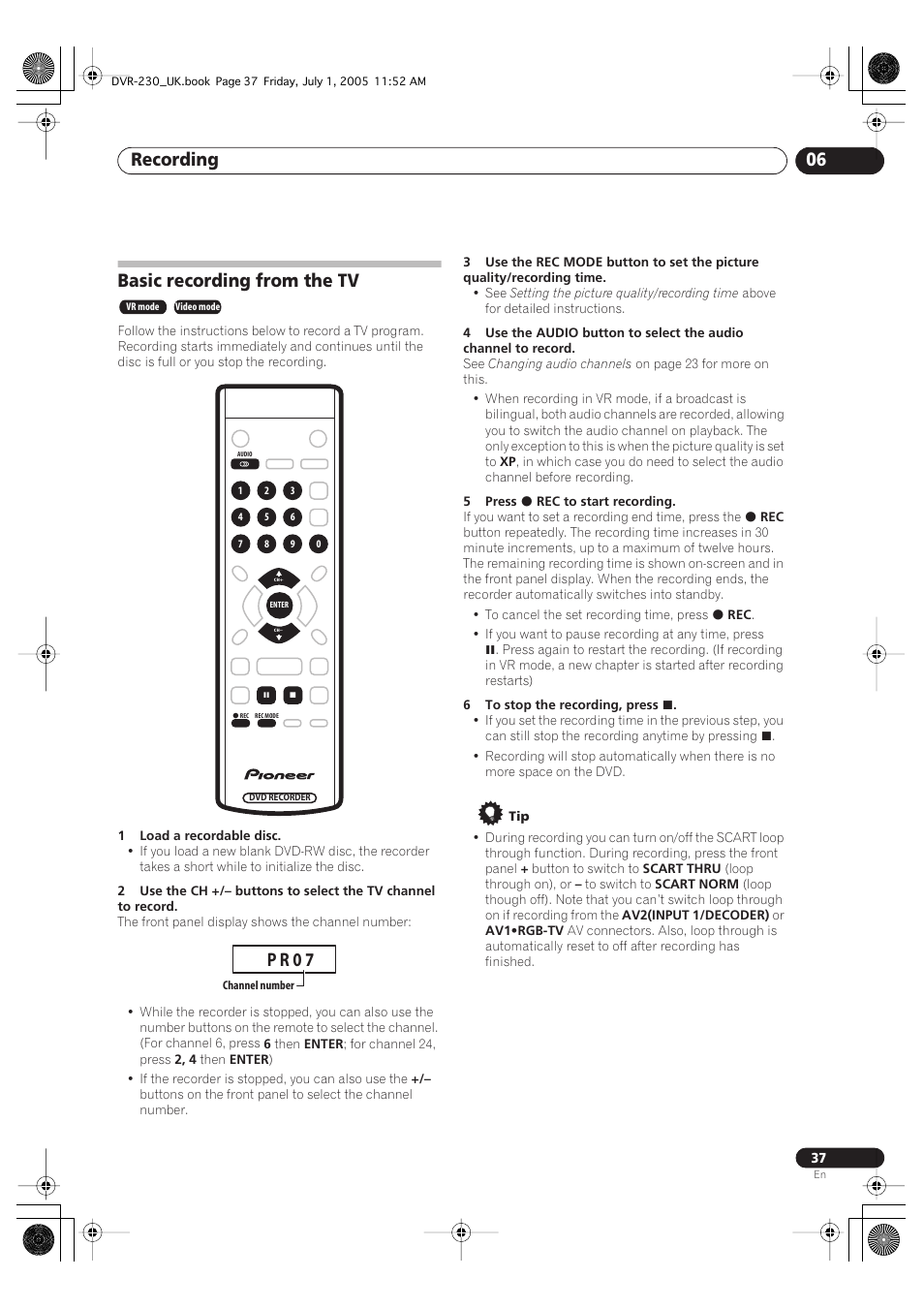 Basic recording from the tv, Recording 06, P r 0 7 | Pioneer DVR-230-S User Manual | Page 37 / 76