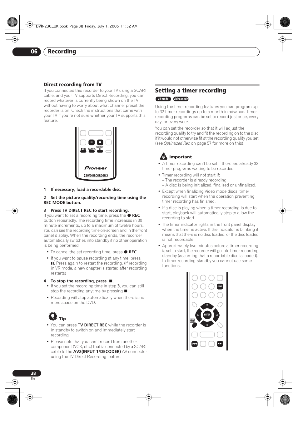 Setting a timer recording, Recording 06 | Pioneer DVR-230-S User Manual | Page 38 / 76