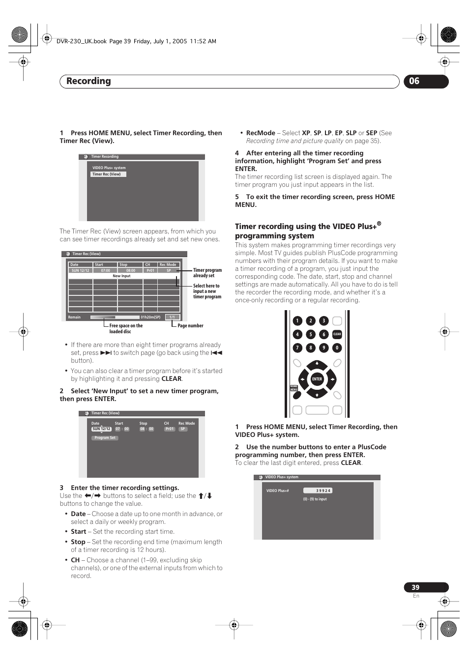 Recording 06, Timer recording using the video plus, Programming system | Pioneer DVR-230-S User Manual | Page 39 / 76