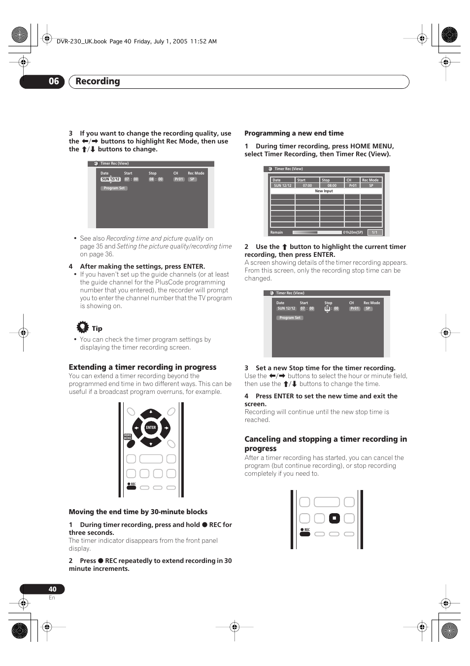 Recording 06, Extending a timer recording in progress | Pioneer DVR-230-S User Manual | Page 40 / 76